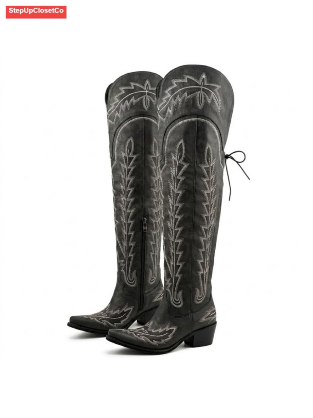 Thigh High Cowboy Boots Wide Calf Western Over The Knee Faux Leather Chunky Heel